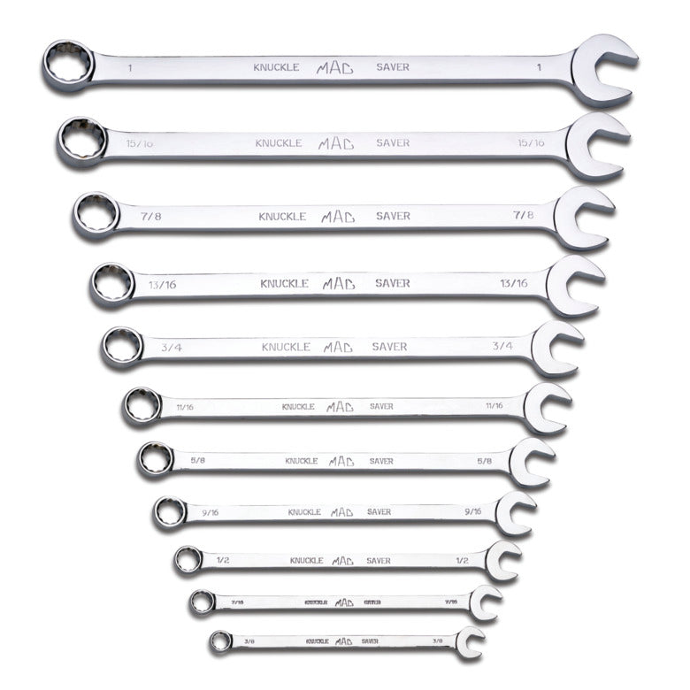 11-PC. SAE Long Knuckle Saver Combination Wrench Set - 12-PT.