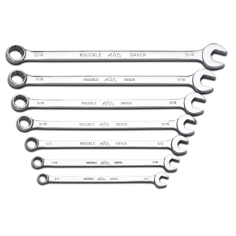 7-PC. SAE Long Knuckle Saver Combination Wrench Set - 12-PT.