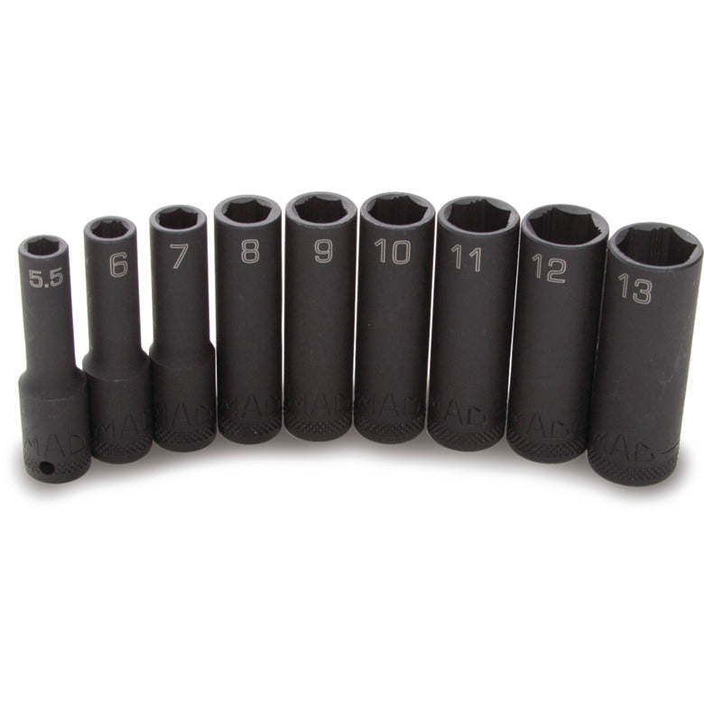 9-PC. 1/4" Drive Metric Deep Impact Non-Slip Socket Set - 6-PT.