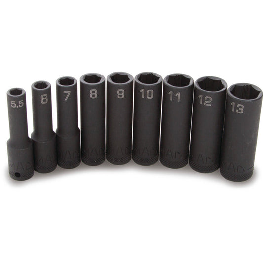9-PC. 1/4" Drive Metric Deep Impact Non-Slip Socket Set - 6-PT.