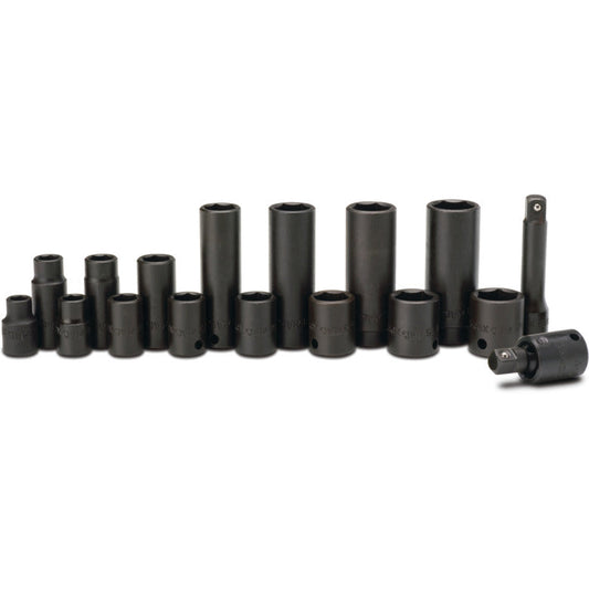 17-PC. 3/8" Drive SAE Standard and Deep Impact Socket Set With Extension And Universal Joint - 6-PT.